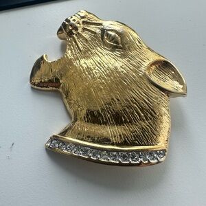 Vintage Butler Leopard Head Brooch – Gold Tone Big Cat Pin with Rhinestones